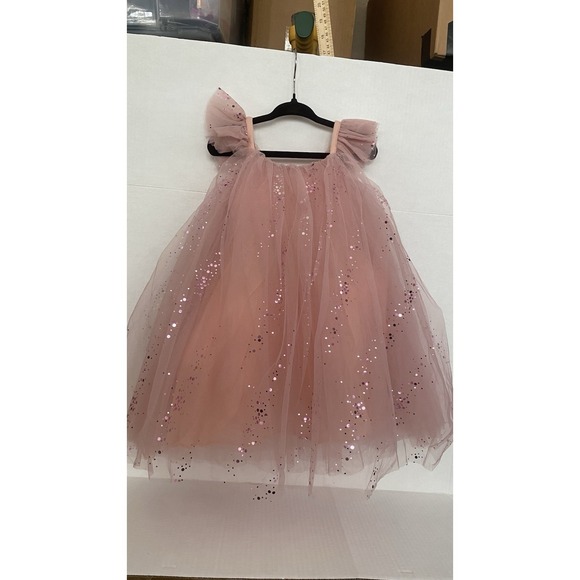 Girls Dusty Rose Pink Glitter Tulle Tutu Dress Sz 3T Flutter Sleeve Flower Girl - Picture 2 of 5